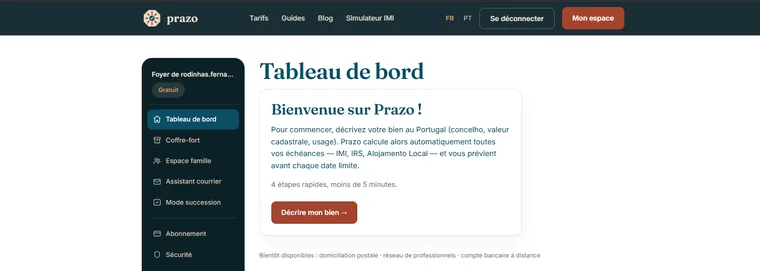 Tableau de bord Prazo : échéances IMI/IRS et assistant de démarrage