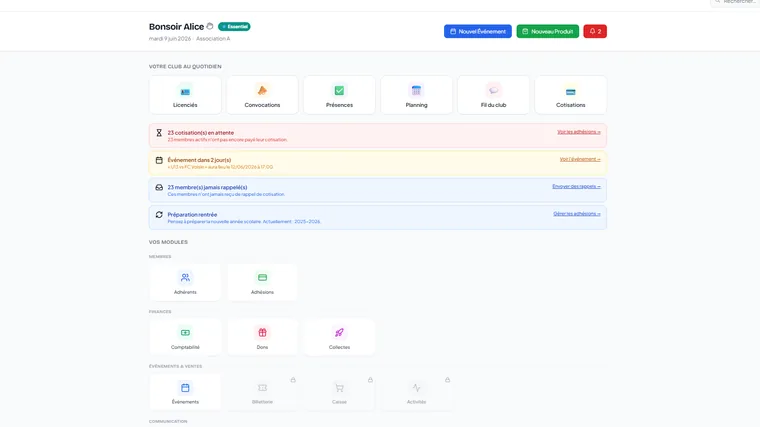 Tableau de bord SimpliAsso : raccourcis, alertes de cotisation et modules de gestion